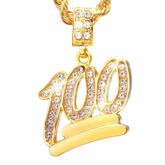 14k Gold CZ 100 Emoji Necklace with Chain-Pendant--Capital Bling