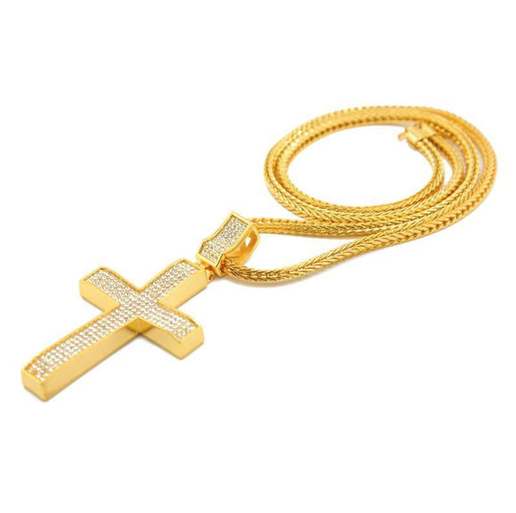 18k Gold Iced Out Cross with Franco Chain-Pendant--Capital Bling