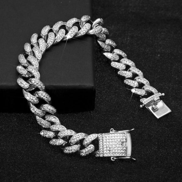 15mm Silver Iced Out Cuban Link CZ Diamond Bracelet-Bracelets--Capital Bling