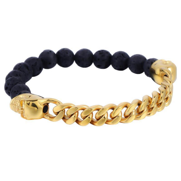 Yellow Gold Cuban & Lava Rock Skull Bracelet-Bracelets--Capital Bling