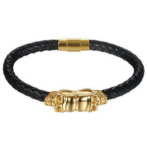 18k Gold & Leather Skull Bracelet