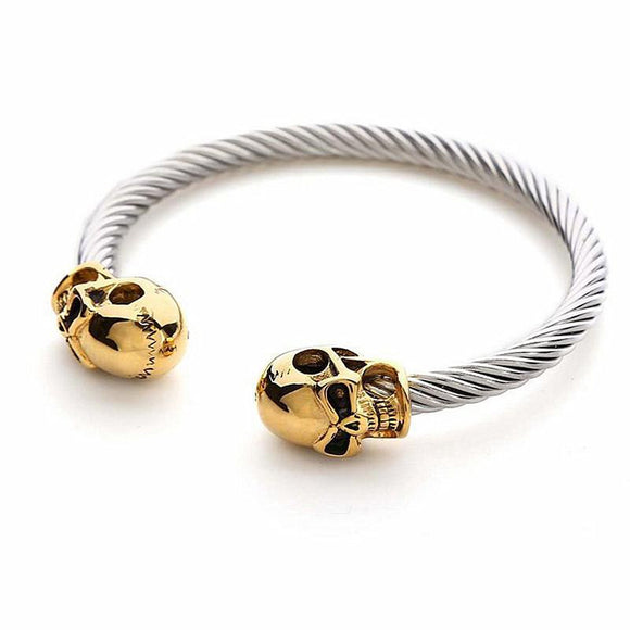 14k Yellow Gold & Stainless Steel Skull Bracelet-Bracelets--Capital Bling