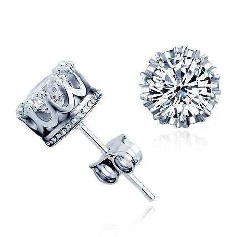 Silver Stainless Steel 8mm CZ Crown Studs (Set of 2)-Earrings--Capital Bling