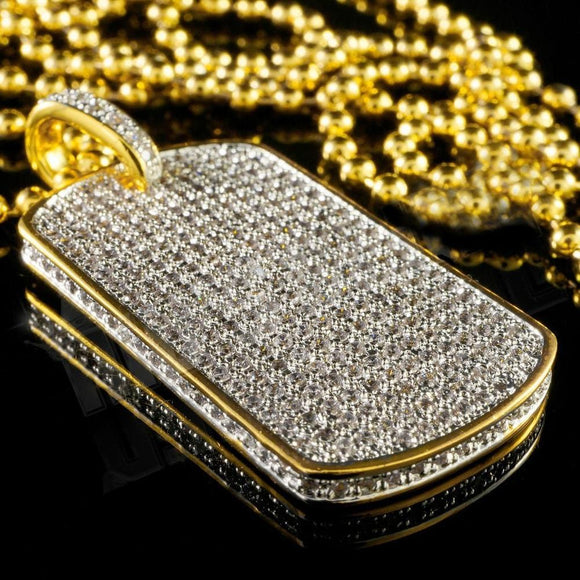 18k Gold Iced Out Diamond Dog Tag with Chain-Pendant--Capital Bling